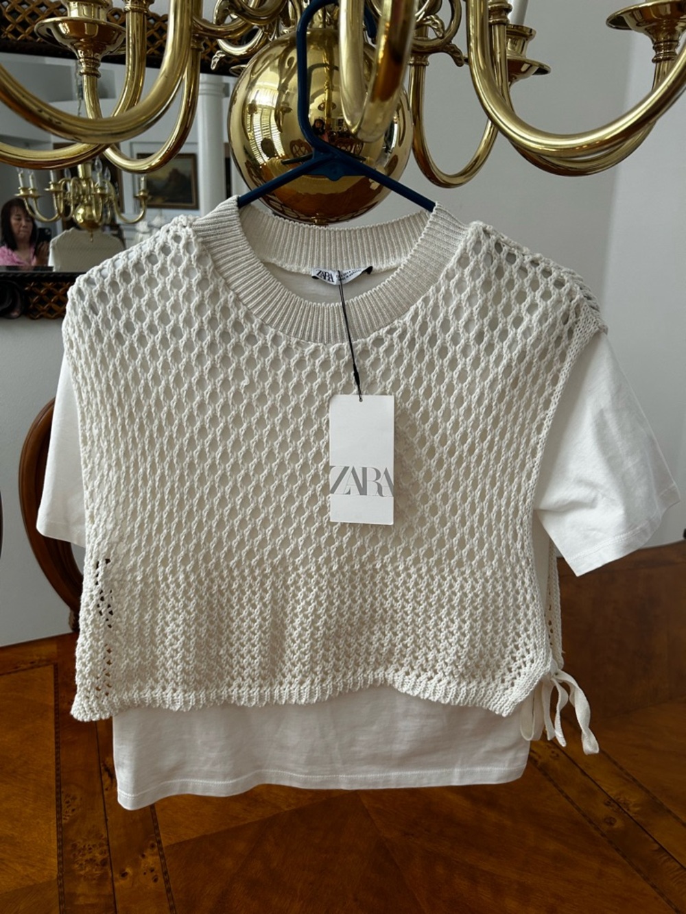 Zara Cream Open-Knit Overlay Vest with Side Ties Size Small.